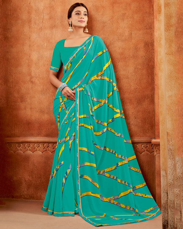 Vishal Prints Aqua Green Printed Georgette Saree With Fancy Border