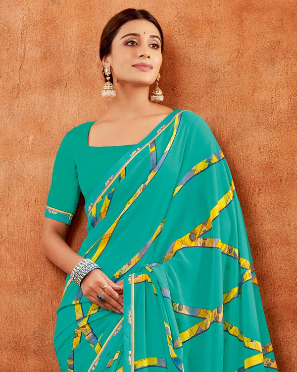 Vishal Prints Aqua Green Printed Georgette Saree With Fancy Border