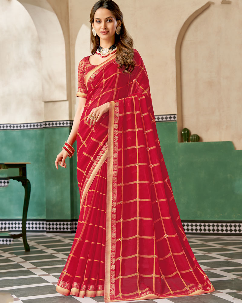 Vishal Prints Dark Red Designer Fancy Chiffon Saree With Fancy Border