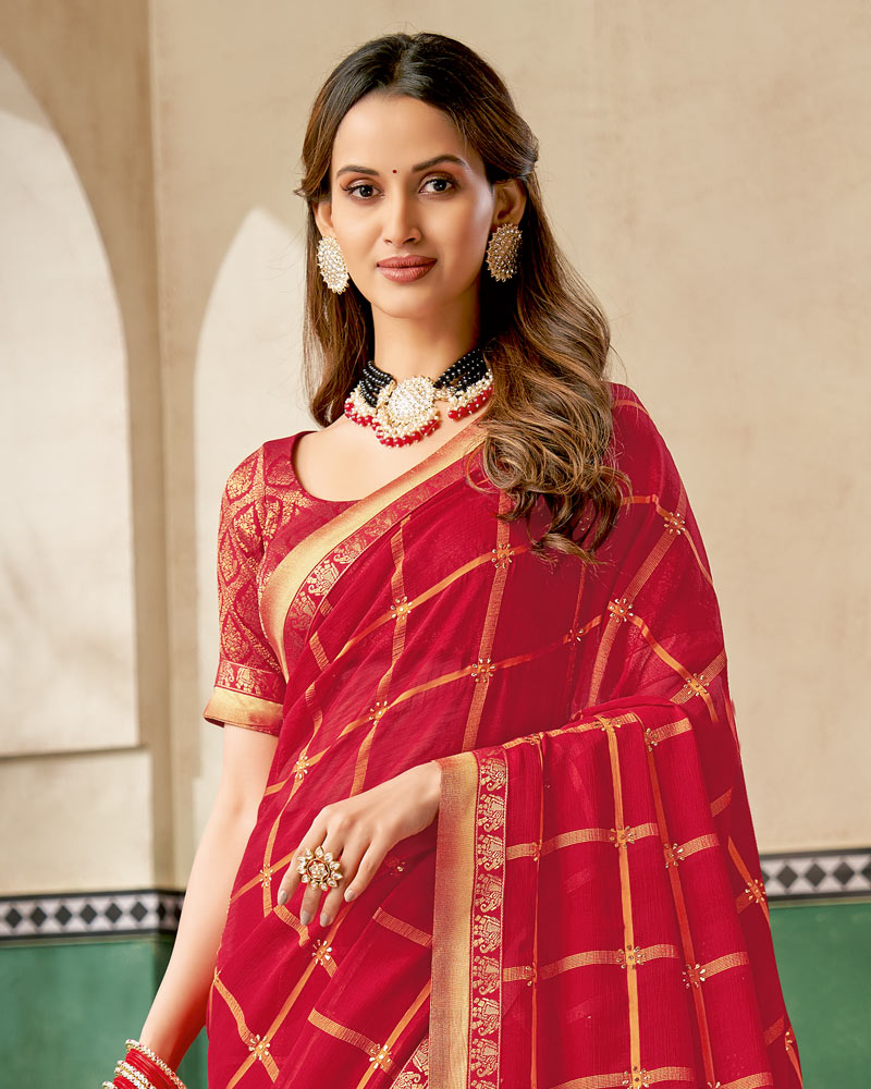 Vishal Prints Dark Red Designer Fancy Chiffon Saree With Fancy Border