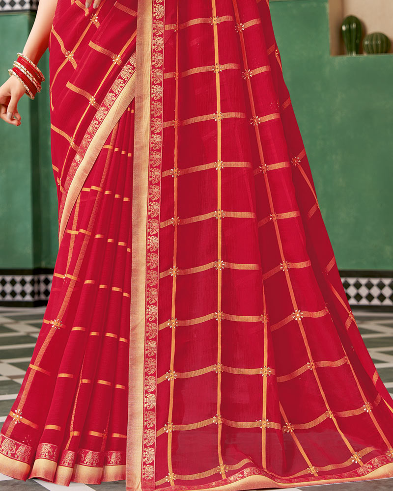 Vishal Prints Dark Red Designer Fancy Chiffon Saree With Fancy Border