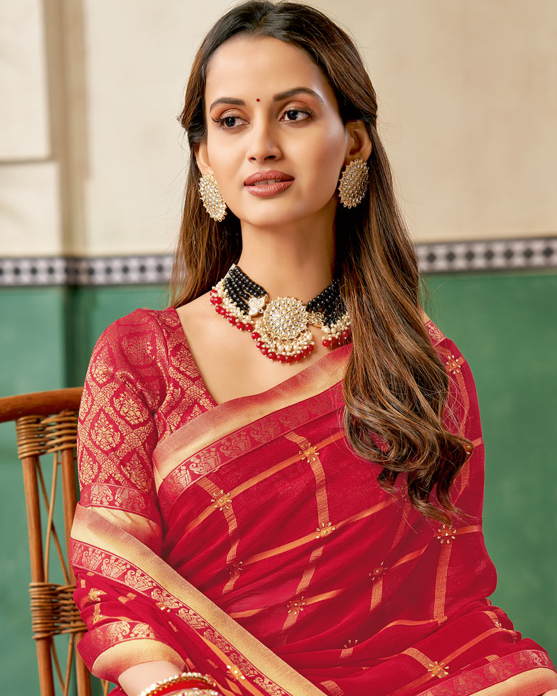 Vishal Prints Dark Red Designer Fancy Chiffon Saree With Fancy Border