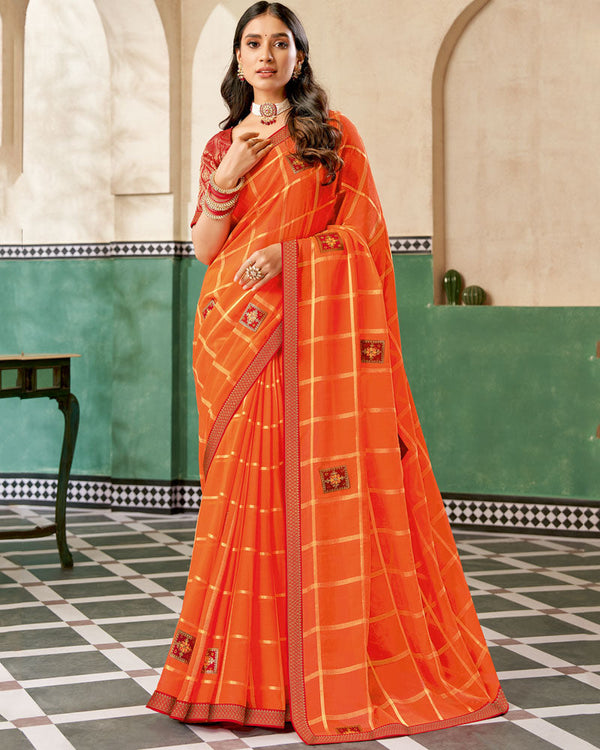 Vishal Prints Dark Orange Designer Fancy Chiffon Saree With Patch Work And Fancy Border