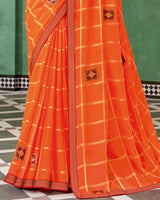 Vishal Prints Dark Orange Designer Fancy Chiffon Saree With Patch Work And Fancy Border