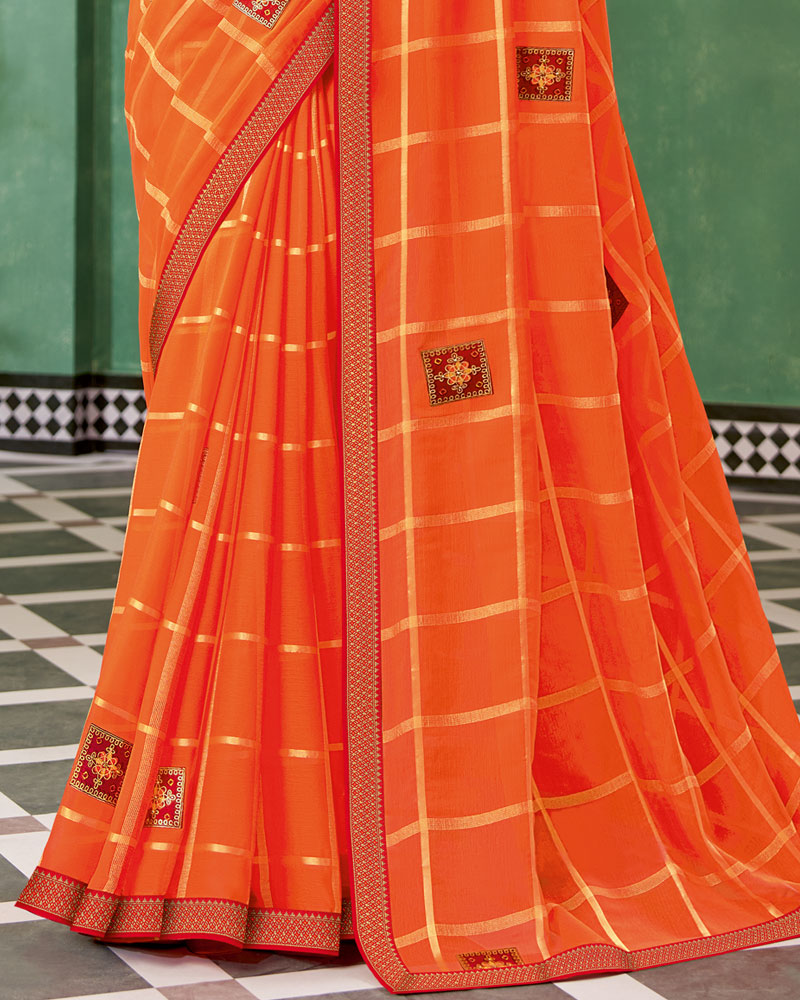 Vishal Prints Dark Orange Designer Fancy Chiffon Saree With Patch Work And Fancy Border