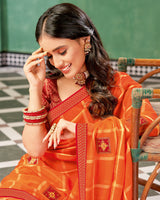 Vishal Prints Dark Orange Designer Fancy Chiffon Saree With Patch Work And Fancy Border