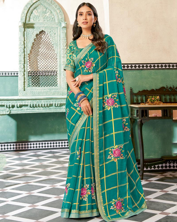 Vishal Prints Teal Green Designer Fancy Chiffon Saree With Patch Work And Fancy Border