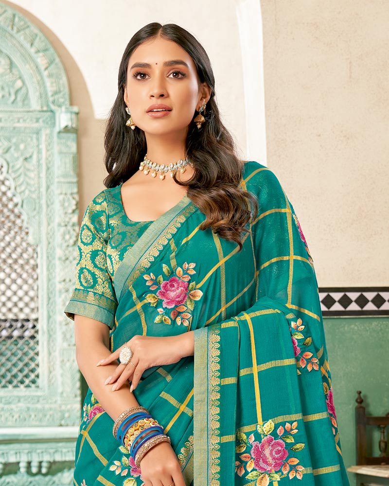 Vishal Prints Teal Green Designer Fancy Chiffon Saree With Patch Work And Fancy Border