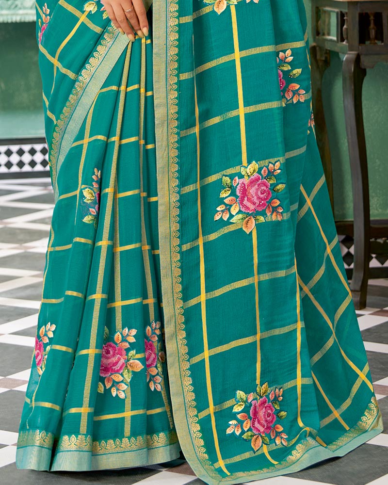 Vishal Prints Teal Green Designer Fancy Chiffon Saree With Patch Work And Fancy Border