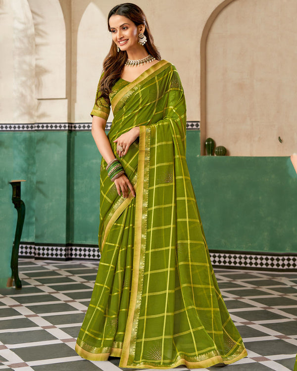 Vishal Prints Dark Olive Green Designer Fancy Chiffon Saree With Diamond Work And Fancy Border