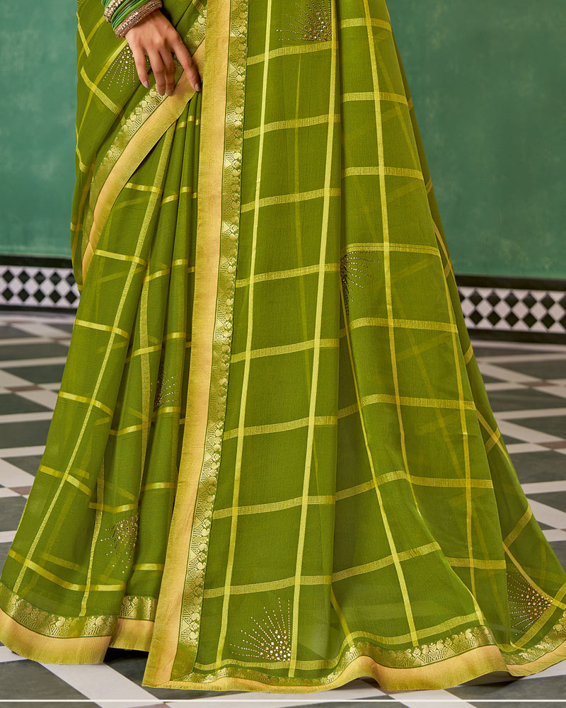 Vishal Prints Dark Olive Green Designer Fancy Chiffon Saree With Diamond Work And Fancy Border