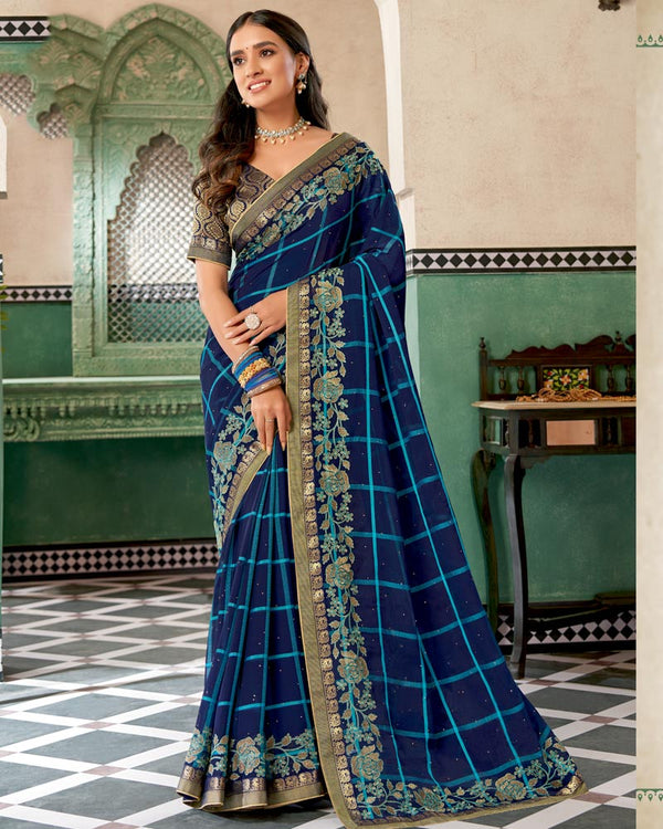 Vishal Prints Navy Blue Designer Fancy Chiffon Saree With Embroidery Diamond Work And Fancy Border