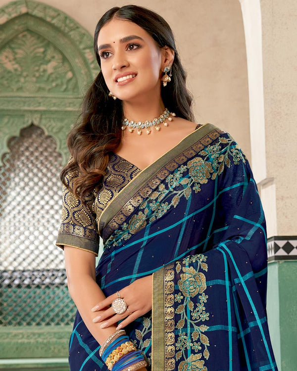 Vishal Prints Navy Blue Designer Fancy Chiffon Saree With Embroidery Diamond Work And Fancy Border