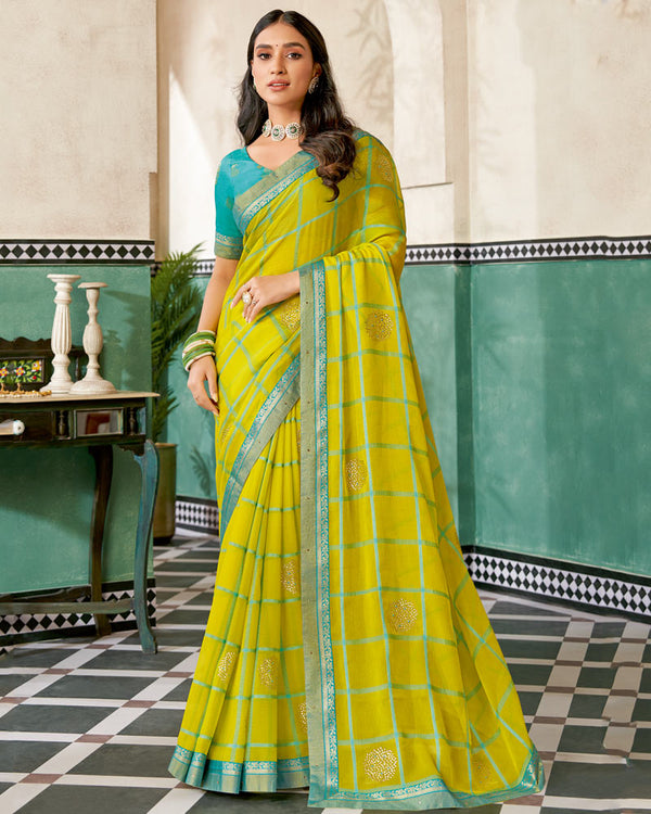 Vishal Prints Lime Yellow Designer Fancy Chiffon Saree With Diamond Work And Fancy Border