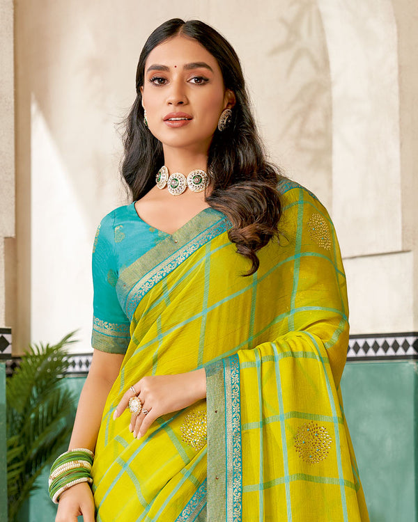 Vishal Prints Lime Yellow Designer Fancy Chiffon Saree With Diamond Work And Fancy Border