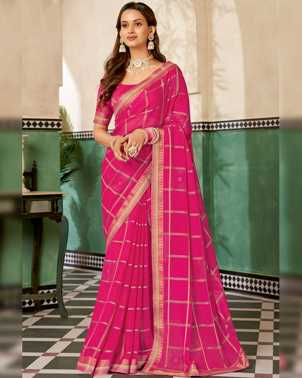 Vishal Prints Cerise Red Designer Fancy Chiffon Saree With Diamond Work And Fancy Border