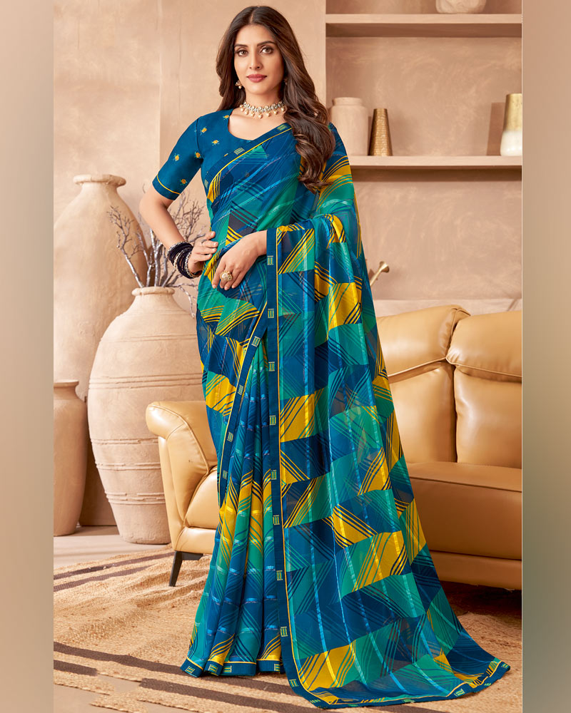 Vishal Prints Blue Printed Patterned Georgette Saree With Fancy Border