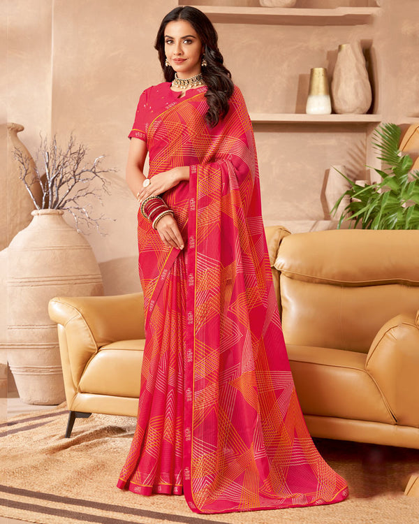 Vishal Prints Strawberry Pink Printed Patterned Georgette Saree With Fancy Border