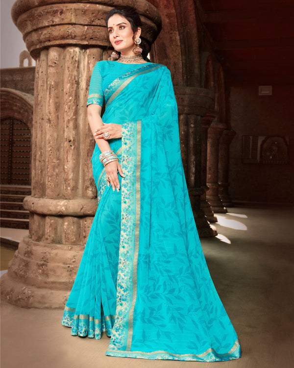 Vishal Prints Turquoise Blue Printed Georgette Saree With Border