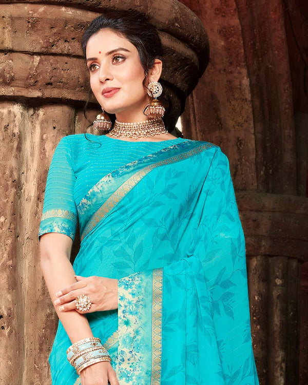 Vishal Prints Turquoise Blue Printed Georgette Saree With Border