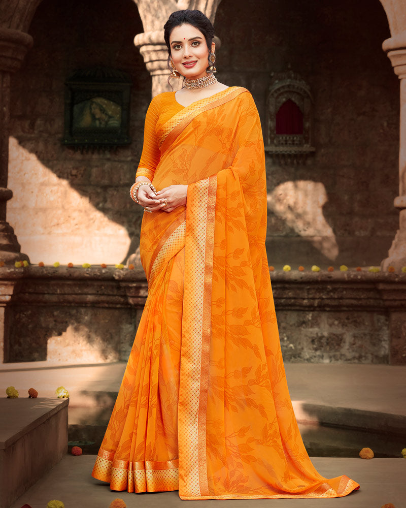 Vishal Prints Orange Printed Georgette Saree With Border