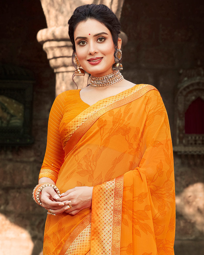 Vishal Prints Orange Printed Georgette Saree With Border