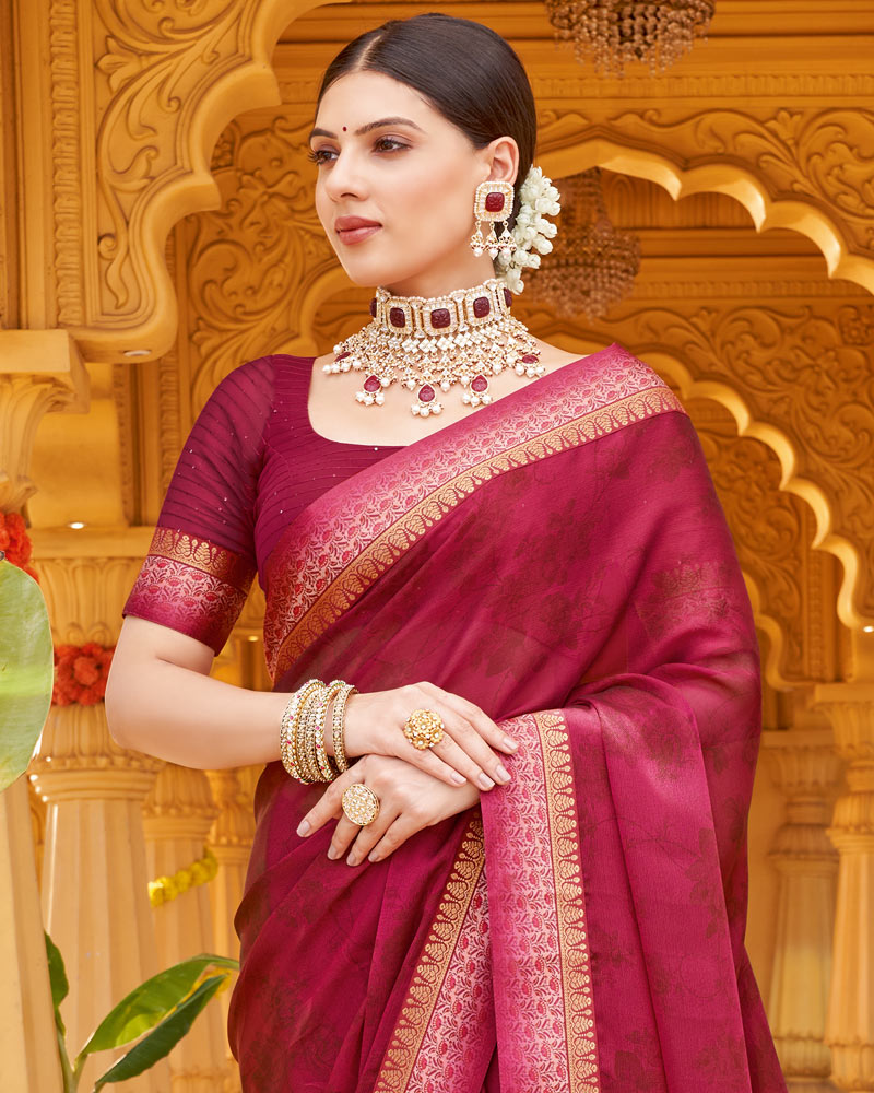 Vishal Prints Burgundy Printed Chiffon Saree With Fancy Border