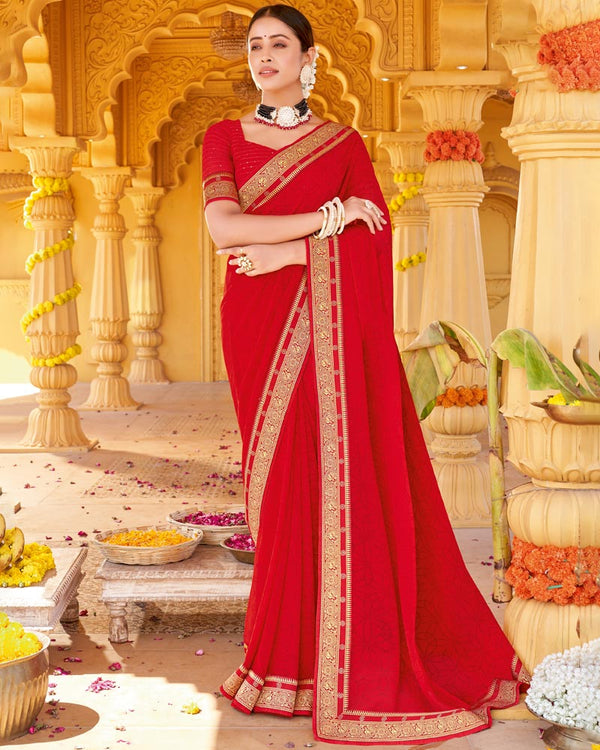 Vishal Prints Cherry Red Printed Georgette Saree With Fancy Border