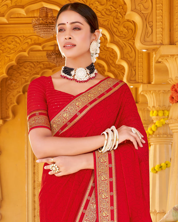 Vishal Prints Cherry Red Printed Georgette Saree With Fancy Border