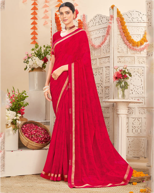 Vishal Prints Cherry Red Printed Georgette Saree With Fancy Border