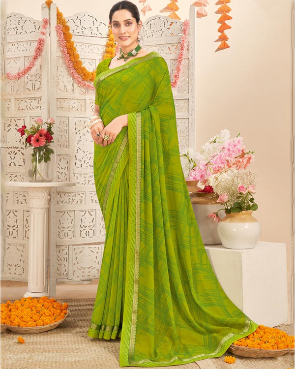 Vishal Prints Olive Green Printed Georgette Saree With Fancy Border