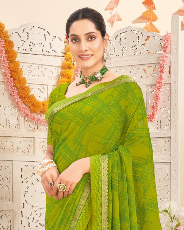 Vishal Prints Olive Green Printed Georgette Saree With Fancy Border