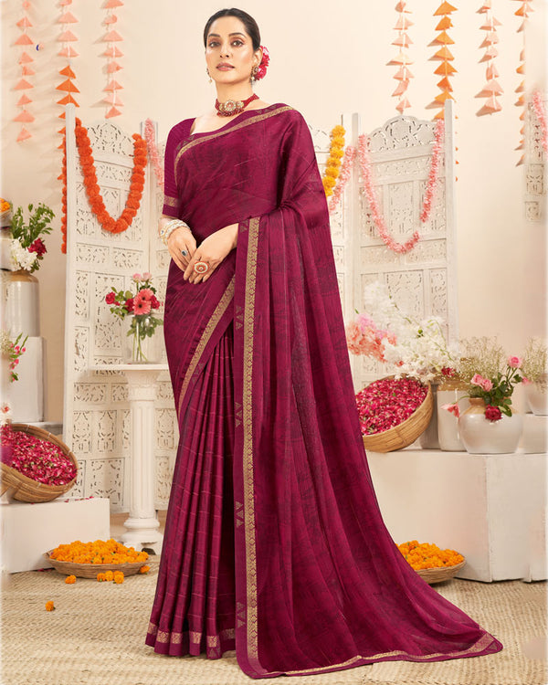 Vishal Prints Claret Pink Printed Patterned Chiffon Saree With Fancy Border