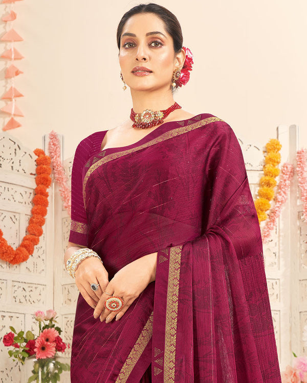 Vishal Prints Claret Pink Printed Patterned Chiffon Saree With Fancy Border