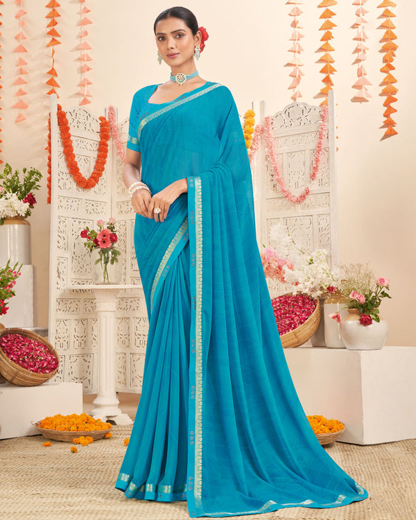 Vishal Prints Cerulean Blue Printed Georgette Saree With Fancy Border