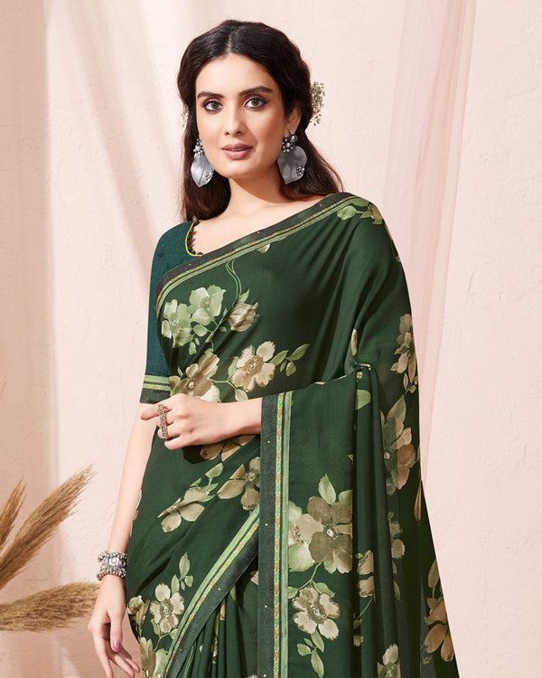 Vishal Prints Bottle Green Printed Georgette Saree With Fancy Border