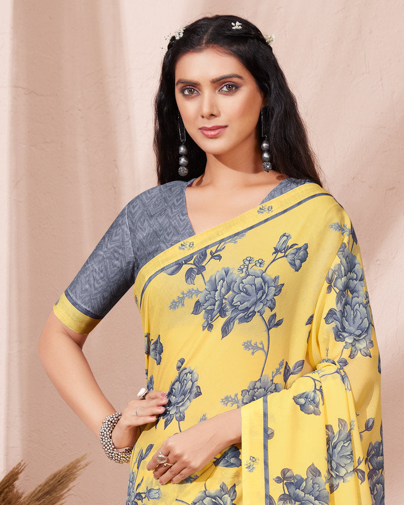 Vishal Prints Light Yellow Printed Georgette Saree With Fancy Border