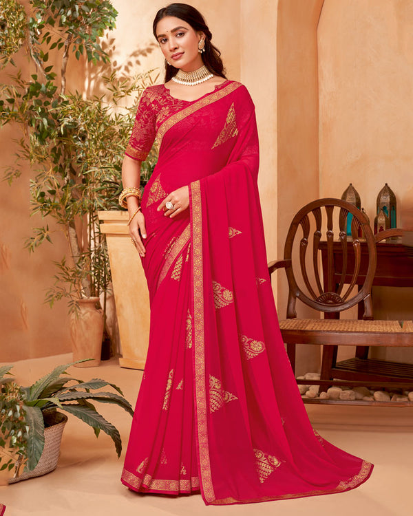 Vishal Prints Cherry Red Georgette Saree With Foil Print And Zari Border