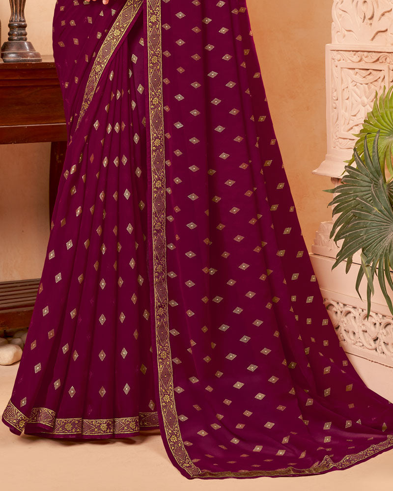 Vishal Prints Wine Georgette Saree With Foil Print And Zari Border