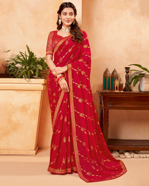 Vishal Prints Cherry Red Georgette Saree With Foil Print And Zari Border