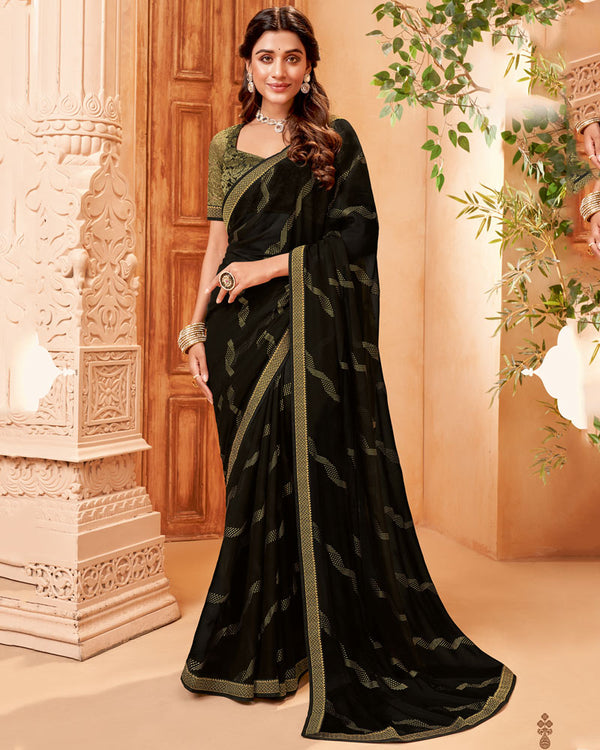 Vishal Prints Black Georgette Saree With Foil Print And Zari Border