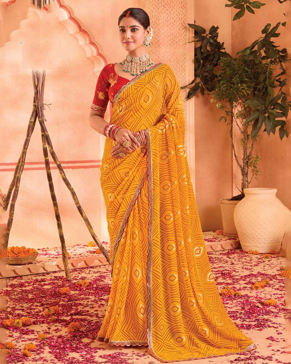 Vishal Prints Golden Yellow Bandhani Print Georgette Saree With Foil Print And Fancy Border