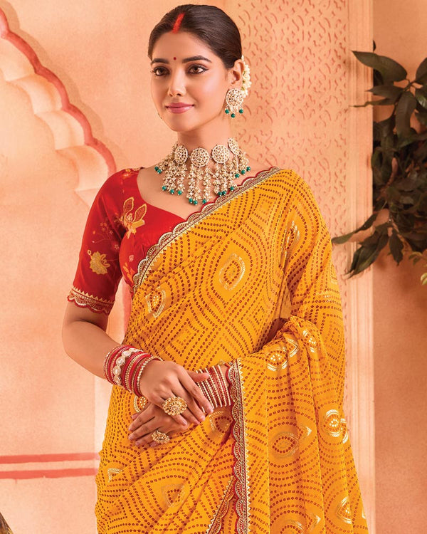 Vishal Prints Golden Yellow Bandhani Print Georgette Saree With Foil Print And Fancy Border