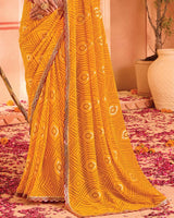 Vishal Prints Golden Yellow Bandhani Print Georgette Saree With Foil Print And Fancy Border