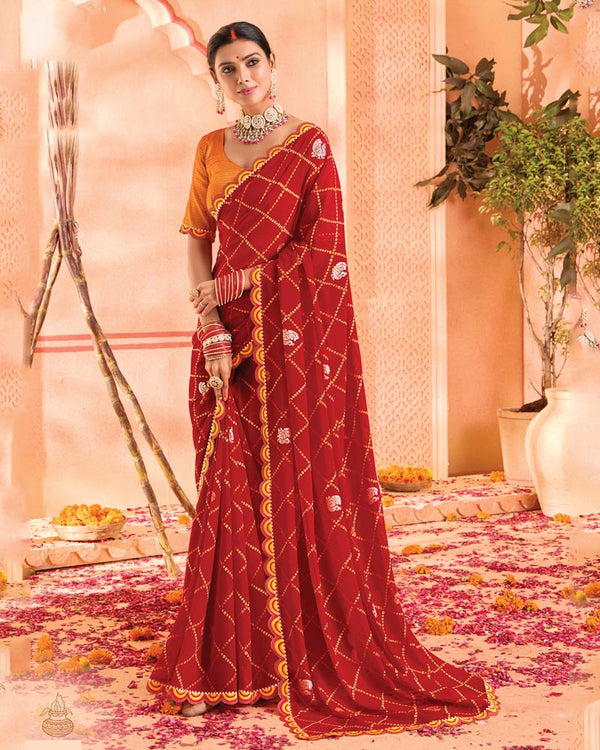 Vishal Prints Dark Red Bandhani Print Georgette Saree With Foil Print And Fancy Border