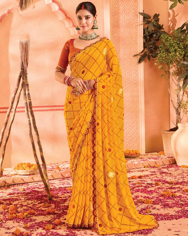 Vishal Prints Dark Yellow Bandhani Print Georgette Saree With Foil Print And Fancy Border