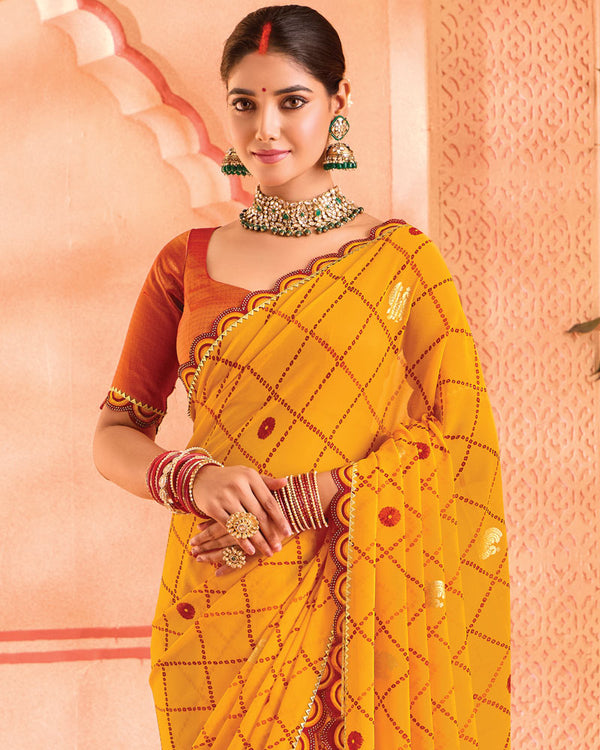 Vishal Prints Dark Yellow Bandhani Print Georgette Saree With Foil Print And Fancy Border