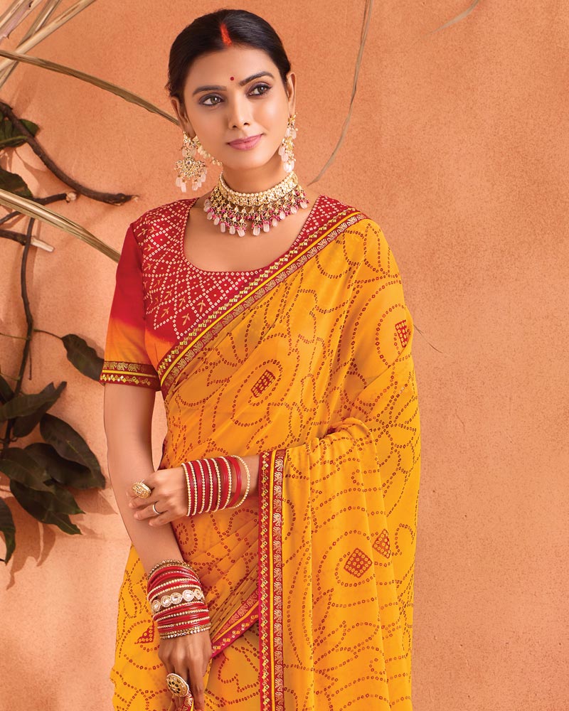 Vishal Prints Dark Yellow Bandhani Print Georgette Saree With Foil Print And Fancy Border