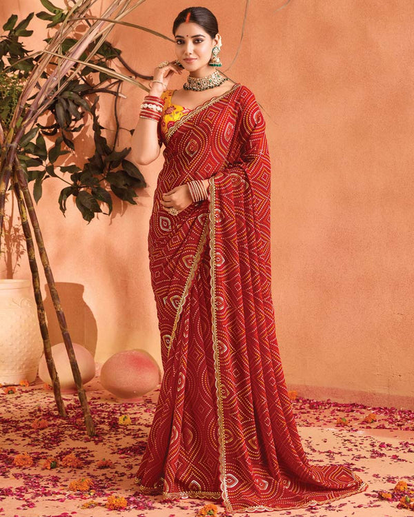 Vishal Prints Dark Red Bandhani Print Georgette Saree With Foil Print And Fancy Border