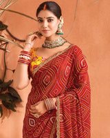 Vishal Prints Dark Red Bandhani Print Georgette Saree With Foil Print And Fancy Border